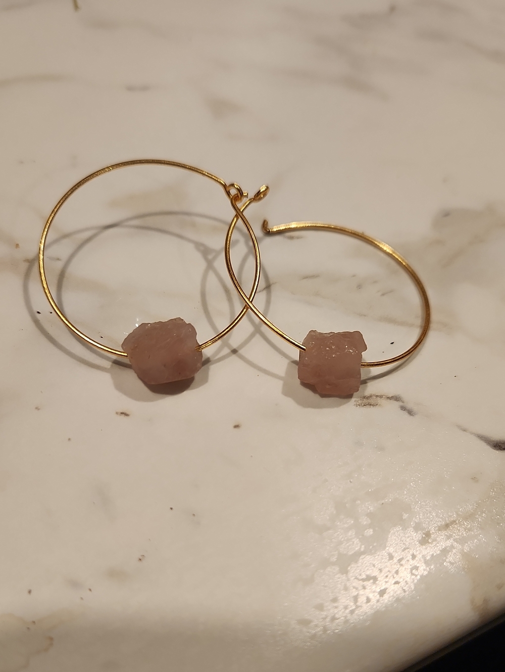 Gold Hoop Earrings with Rose Quartz Nugget Beads